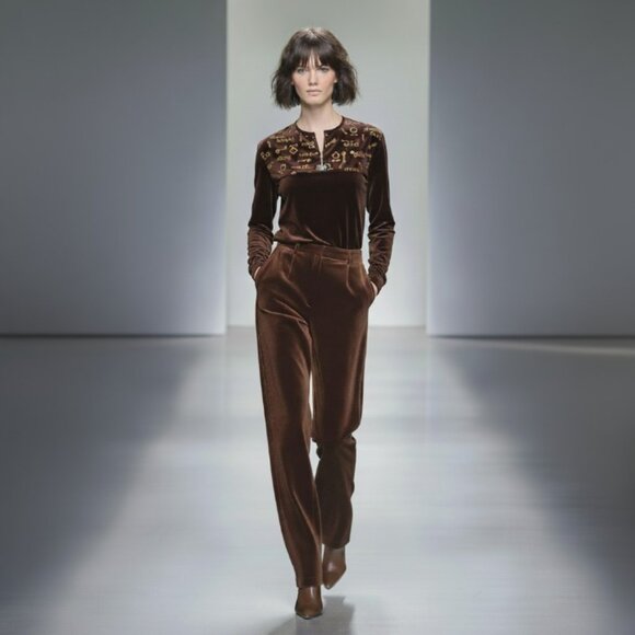 Vintage Brown Velvet Logo Top with Rhinestone Zip Detail, Size M - Picture 2 of 16